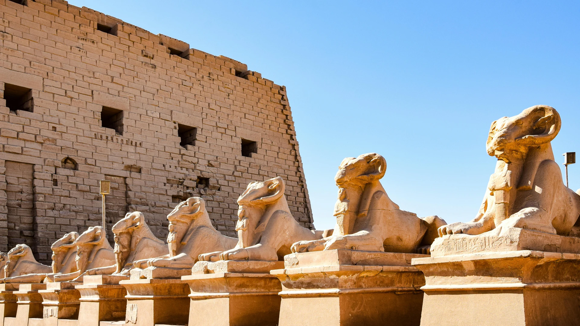 Soma Bay, Egypt - Row of ancient sphinx statues at the historic karnak temple complex in luxor, egypt.