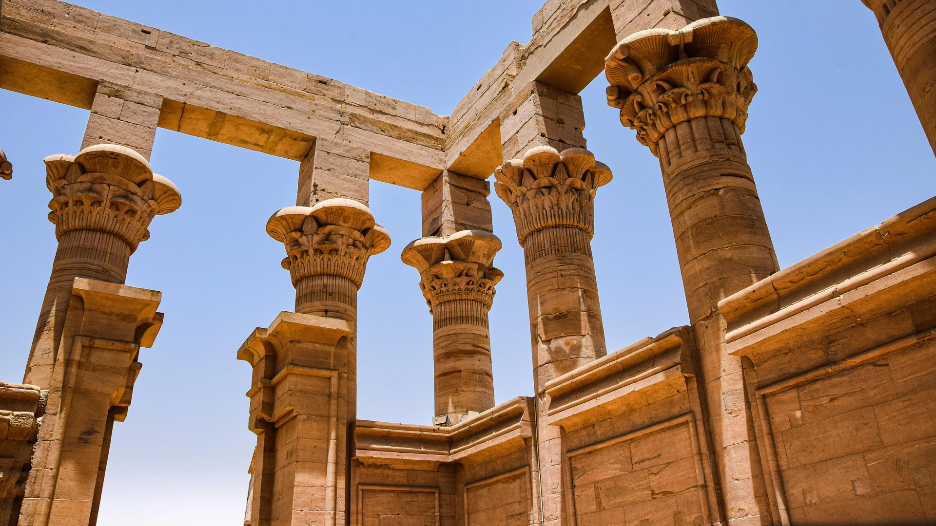 Aswan, Egypt - Close-up of trajan's kiosk in philae, showcasing classical egyptian architecture.