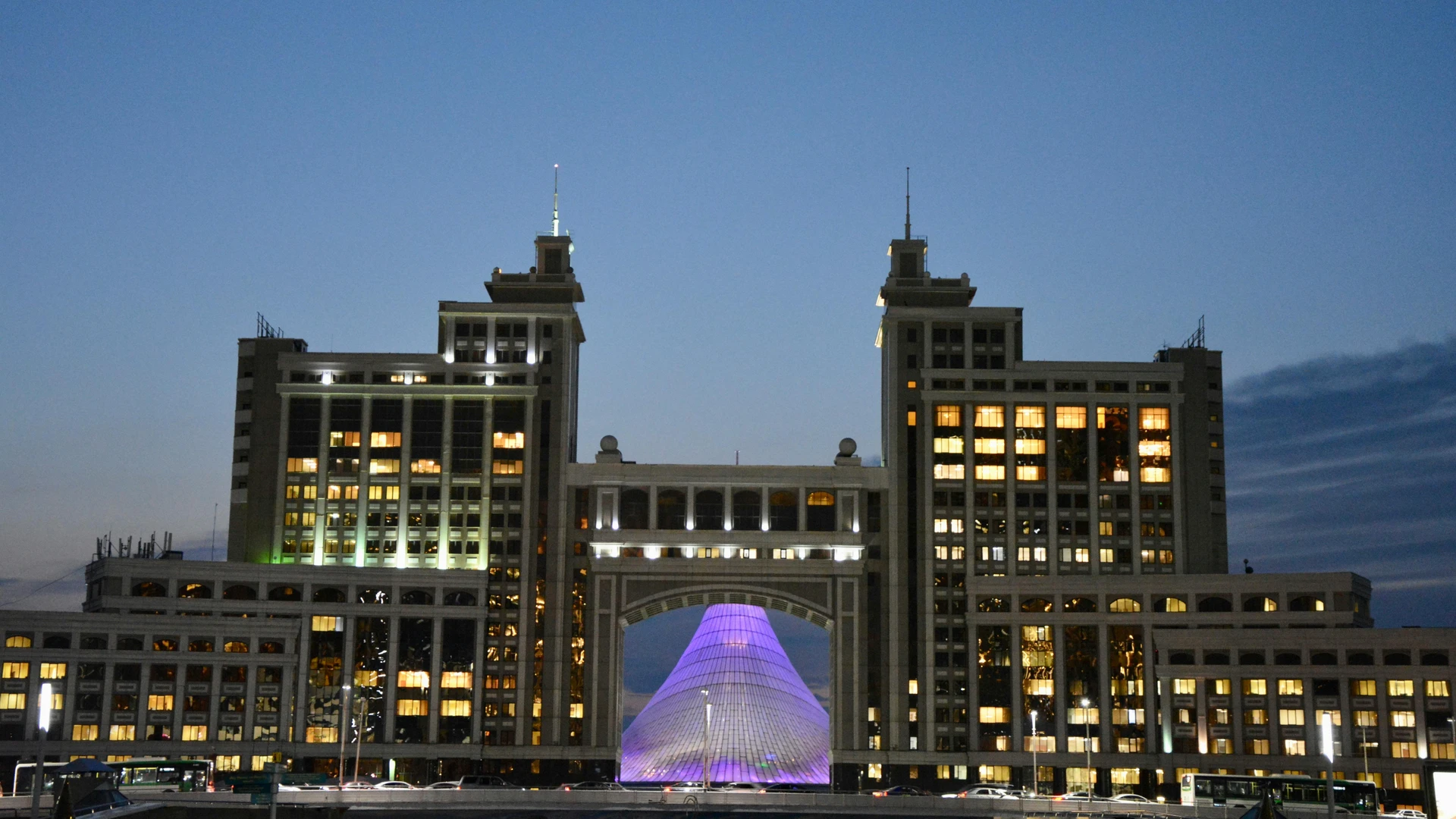 Hurghada, Egypt - Majestic view of astana's iconic architecture glowing against evening sky.