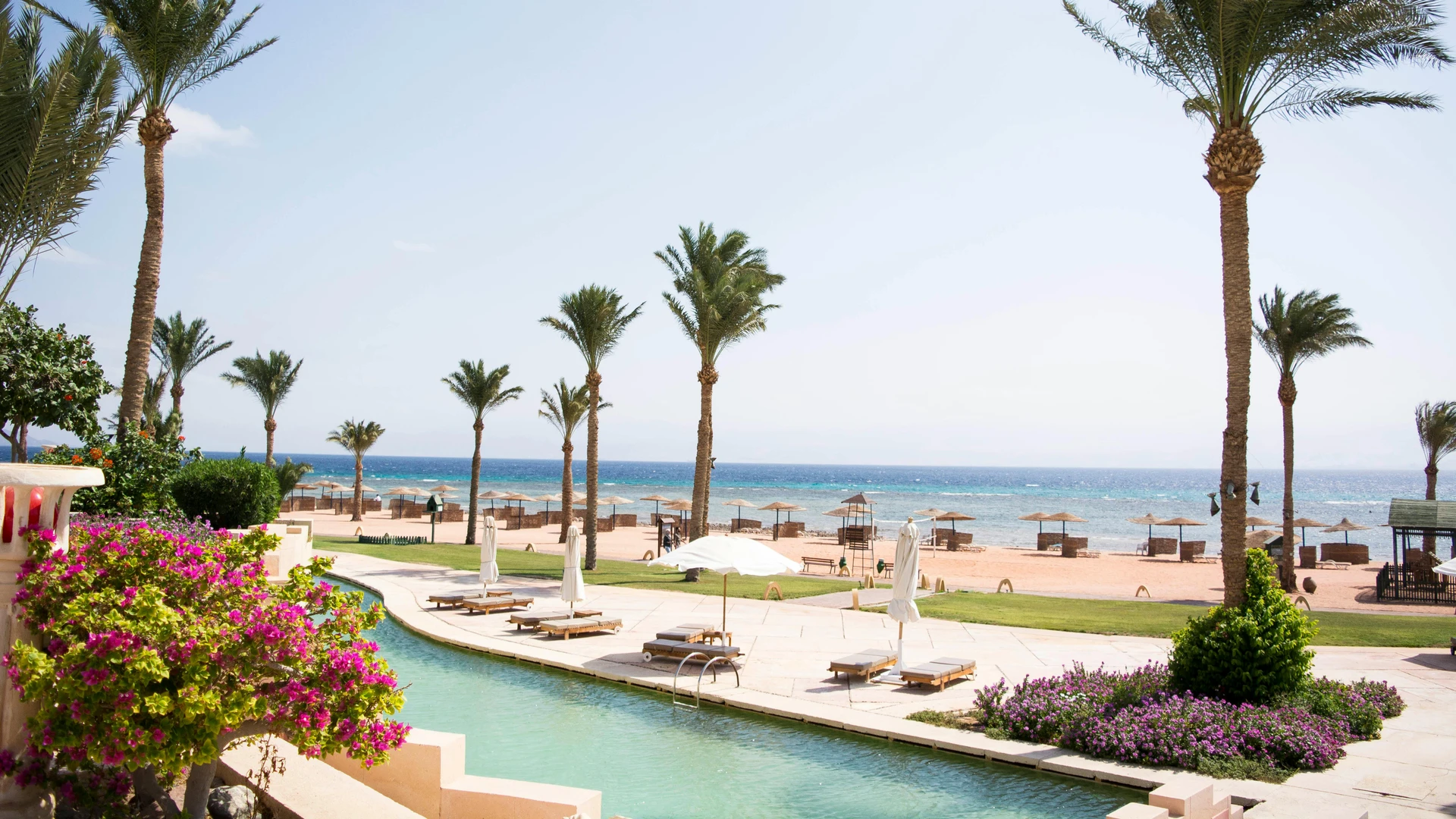 South Sinai, Egypt - Stunning seaside resort with palm trees and a swimming pool in taba, egypt.
